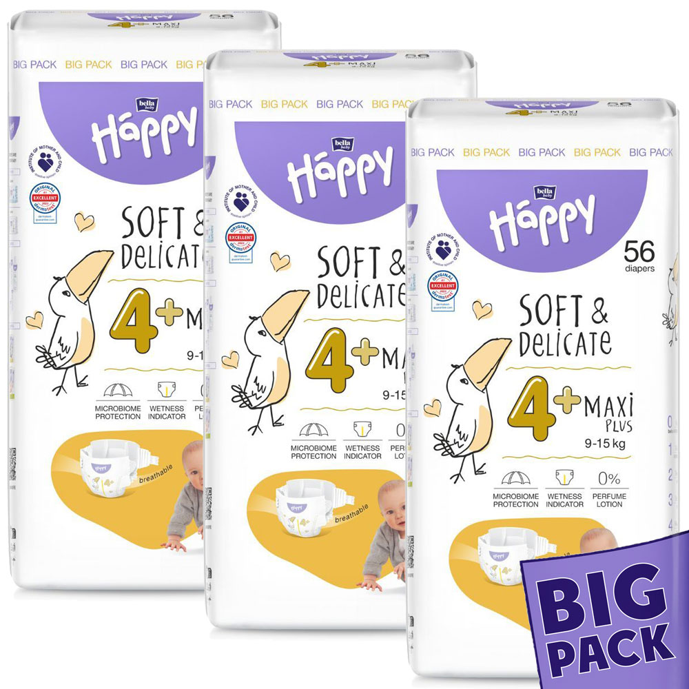 Bella Happy Soft & Delikate Gr. 4+ - Babywindeln Maxi PLUS 9-15 kg 168 (3x56) Stück BIGpack