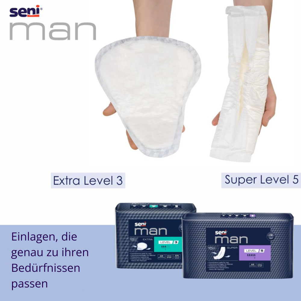 Eine Hand hält eine anatomisch geformte Einlage (Extra Level 3) neben einer weiteren Einlage (Super Level 5). Unten sind Verpackungen der Produkte mit der Aufschrift -seni man- und Informationen, die die Funktionen beschreiben.