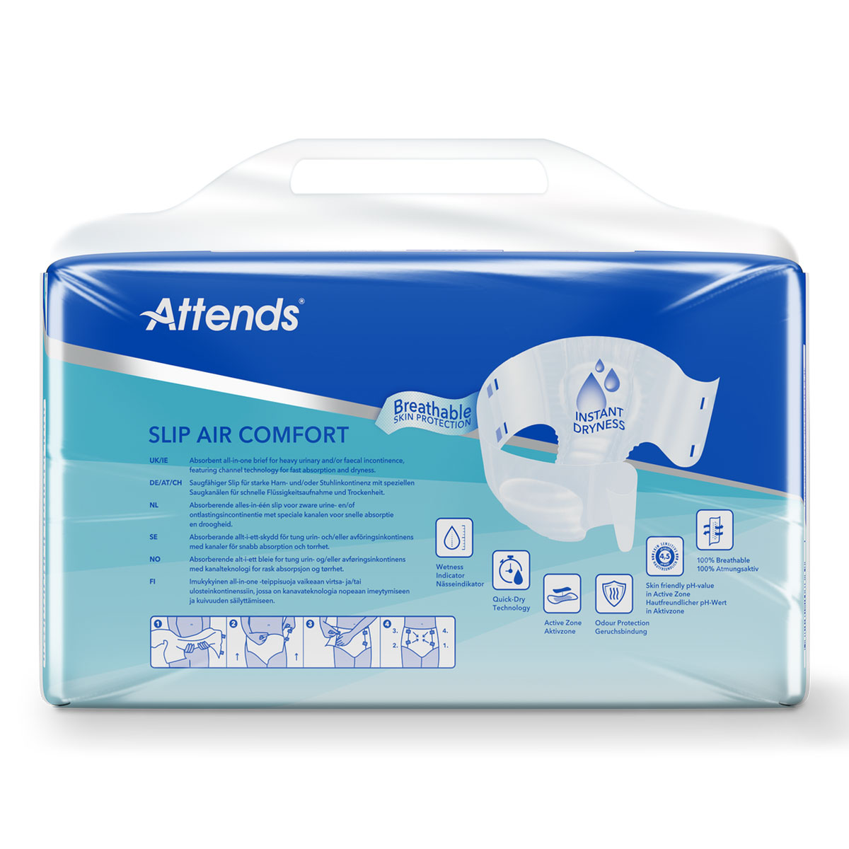 Verpackung von Attends Slip Air Comfort. Die Box enthält Einwegprodukte für Inkontinenz, präsentiert in einem leuchtend blauen Design. Enthält Informationen über atmungsaktive Materialien und Hautschutztechnologie.