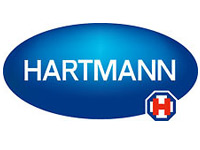 HARTMANN ist ein ovales Logo in einem Blauton, das den Schriftzug -HARTMANN- in großen, weißen Buchstaben enthält. Rechts unten befindet sich ein rotes Quadrat mit einem weißen -H-.
