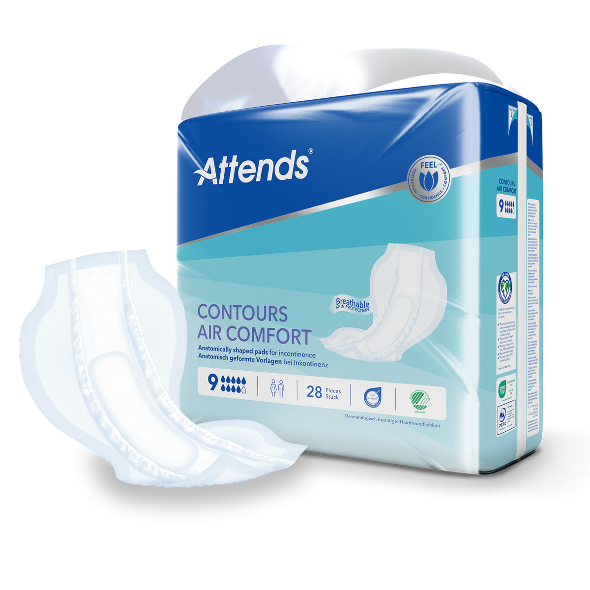 Anatomisch geformte Einlagen für Inkontinenz sind im Vordergrund abgebildet. Die Verpackung zeigt Informationen wie -Contours Air Comfort- und -28 Stück-. Der Hintergrund ist blau und hell gestaltet.