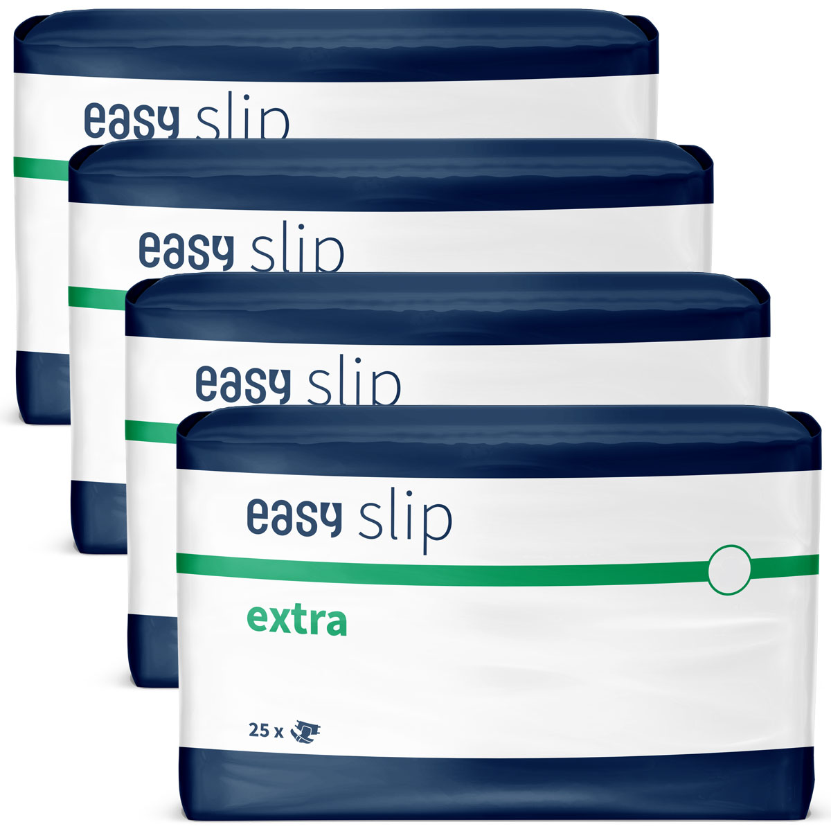 Vier Packungen Slipeinlagen sind übereinander gestapelt. Jede Packung trägt die Aufschrift -easy slip- und -extra- in grüner Schrift. Die Verpackungen haben einen blauen Rand und sind vor einem neutralen Hintergrund präsentiert.