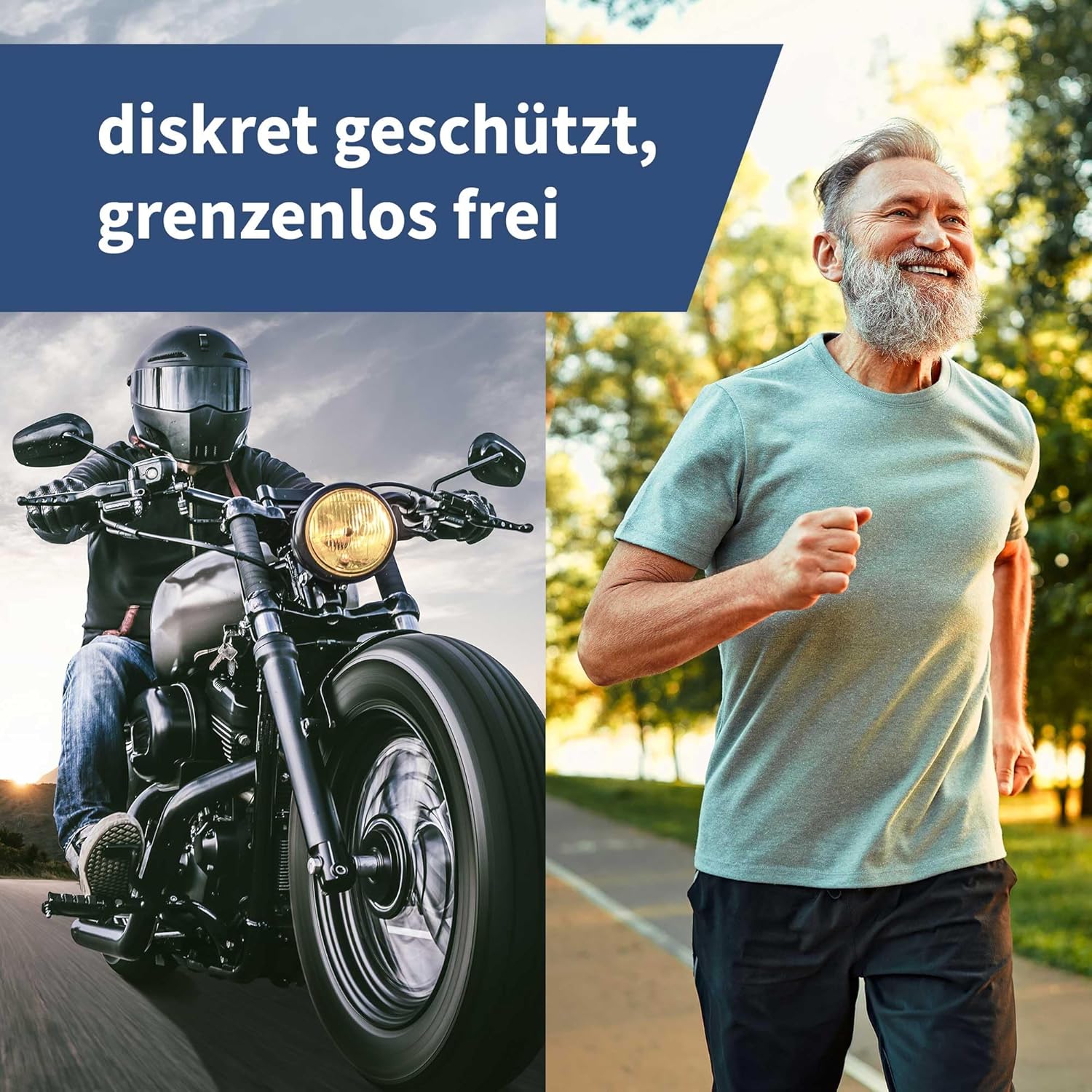Ein Motorradfahrer auf einem schwarzen Motorrad fährt in eine sonnige Landschaft. Daneben läuft ein lächelnder älterer Mann in einem grauen T-Shirt auf einem beschatteten Weg. Darüber steht der Text: -diskret geschützt, grenzenlos frei-.