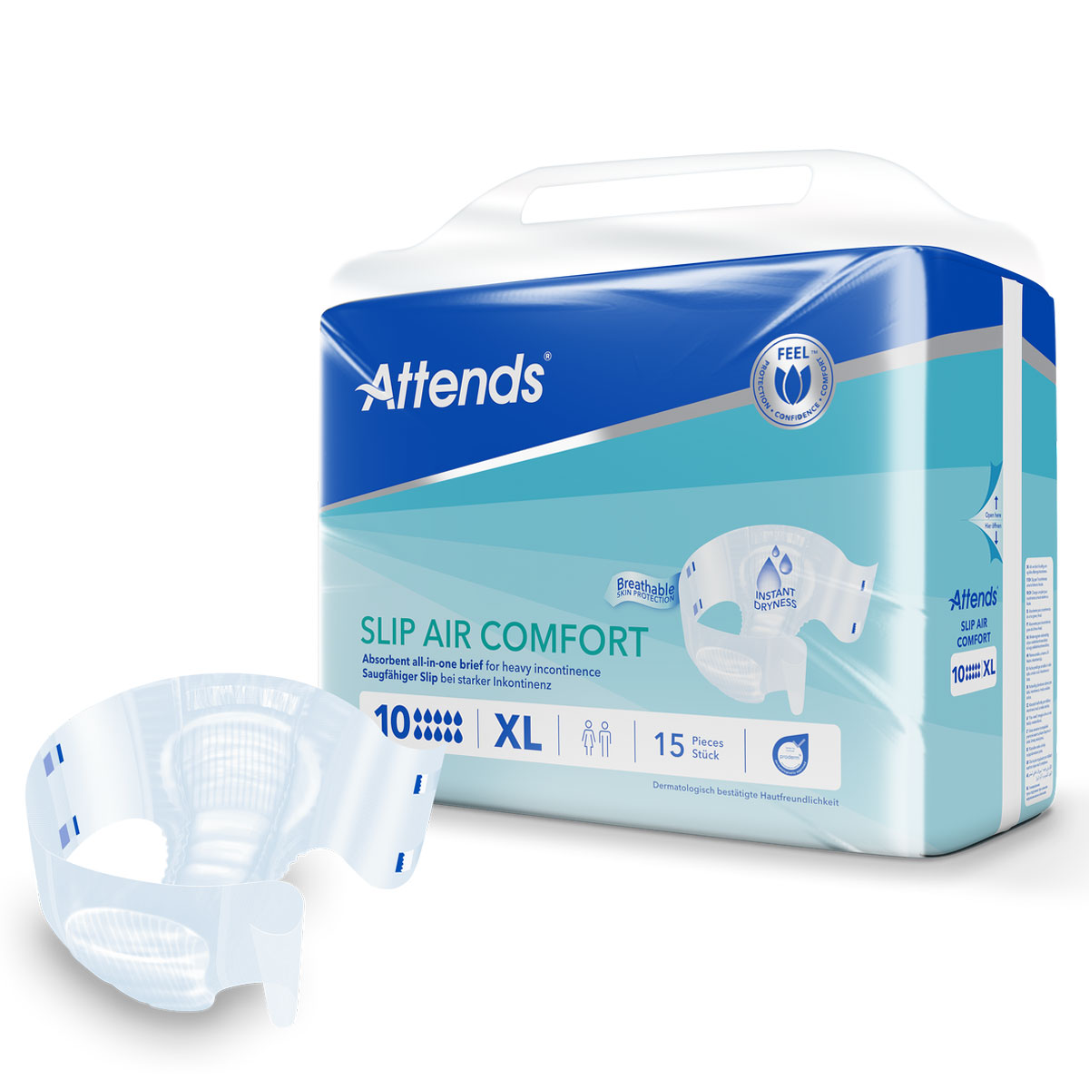 Attends Slip Air Comfort, eine saugfähige Einwegunterhose für starke Inkontinenz, ist in einer weißen Verpackung mit blauem Design. Die Verpackung zeigt Informationen zu Größe und Stückzahl.