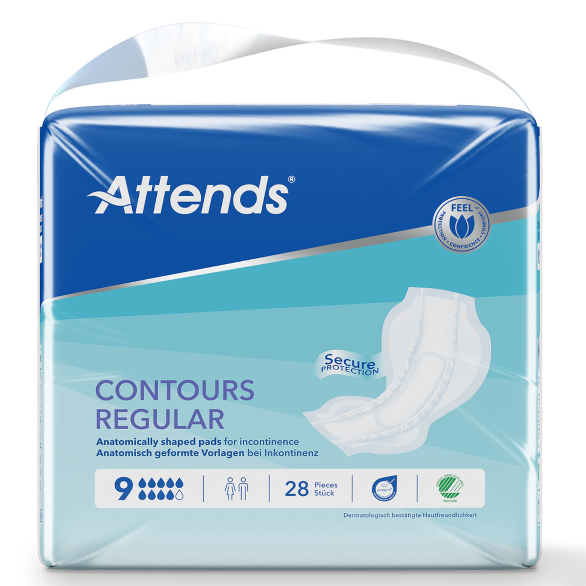 Attends Contours Regular ist eine Packung mit anatomisch geformten Einlagen für Inkontinenz. Die Verpackung zeigt eine Abbildung der Einlage und enthält Informationen wie -Sichere Protection- und -28 Stück-.