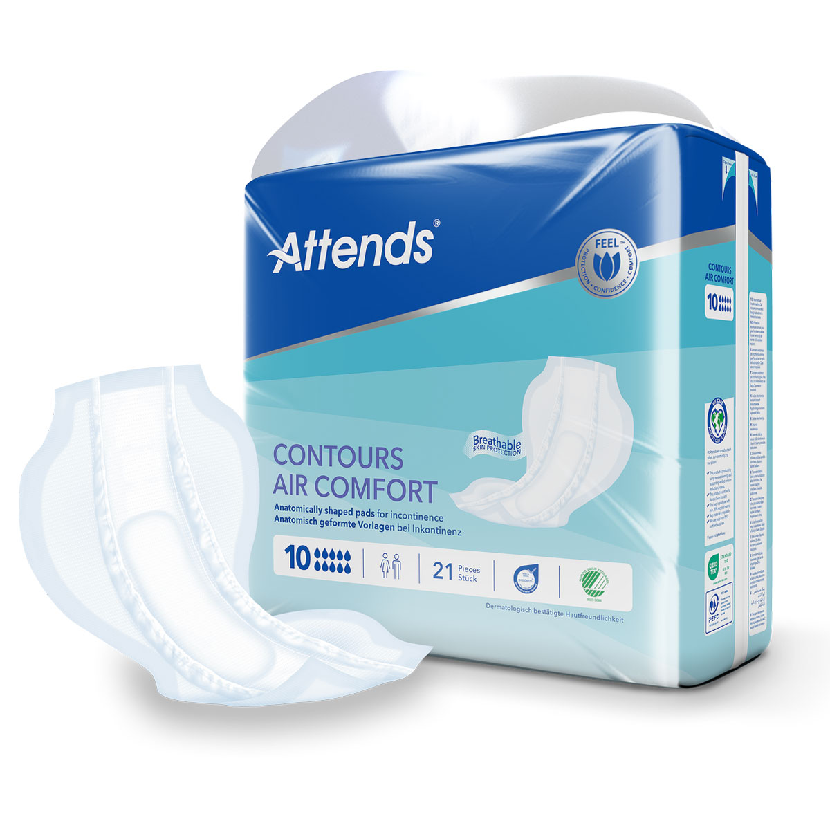 Anatomisch geformte Inkontinenzvorlagen sind neben der Verpackung abgebildet. Die Verpackung zeigt den Titel -Attends Contours Air Comfort- und hat ein modernes, blaues Design. Sie ist für Komfort und Atmungsaktivität konzipiert.