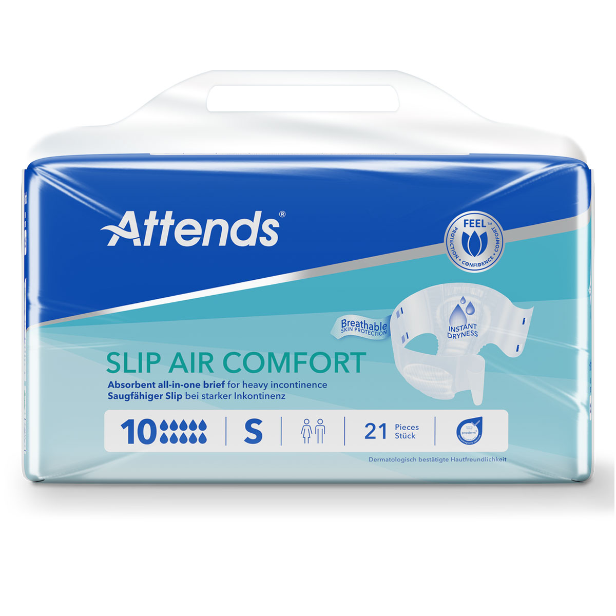 Saugfähiger Slip für starke Inkontinenz in einer Verpackung mit einem blauen und weißen Design. Auf der Vorderseite steht -SLIP AIR COMFORT- sowie Informationen über Größe, Menge und Eigenschaften.