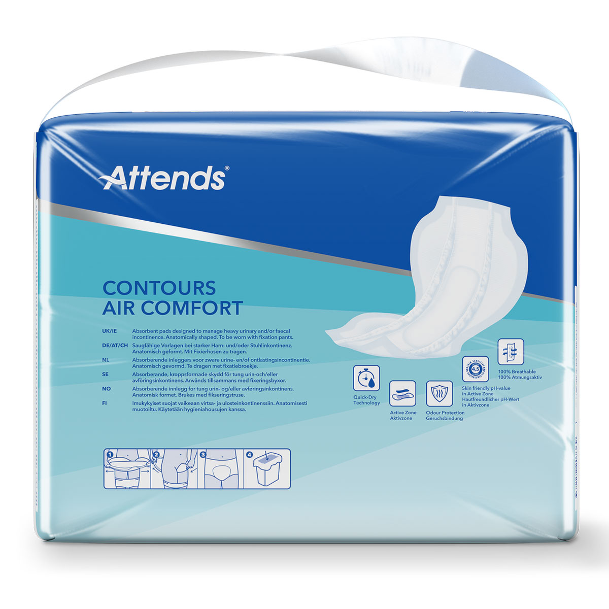 Eine Packung mit Attends Contours Air Comfort, einer saugfähigen Einlage für die Handhabung von Harn- oder Stuhlinkontinenz. Die Verpackung zeigt ein hellblaues Design mit verschiedenen Symbole und textuellen Informationen.
