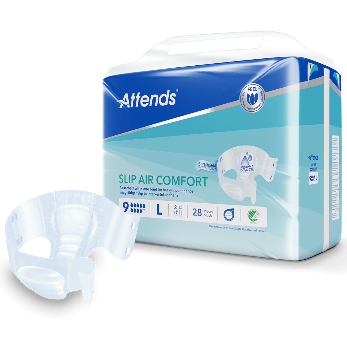 Absorbierender Einweg-Slip für starke Inkontinenz, präsentiert in einer blauen Verpackung mit weißem Schriftzug -Attends Slip Air Comfort-. Enthält 28 Stück in Größe L und bietet atmungsaktive Materialien sowie sofortige Trockenheit.
