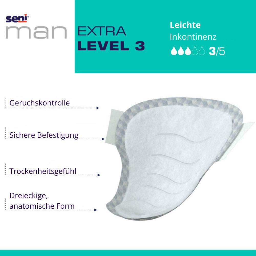 Anatomisch geformte Einlage für leichte Inkontinenz. Sie zeigt eine weiße, dreieckige Form mit einer Oberfläche und bietet Merkmale wie Geruchskontrolle, sichere Befestigung und ein Gefühl von Trockenheit.