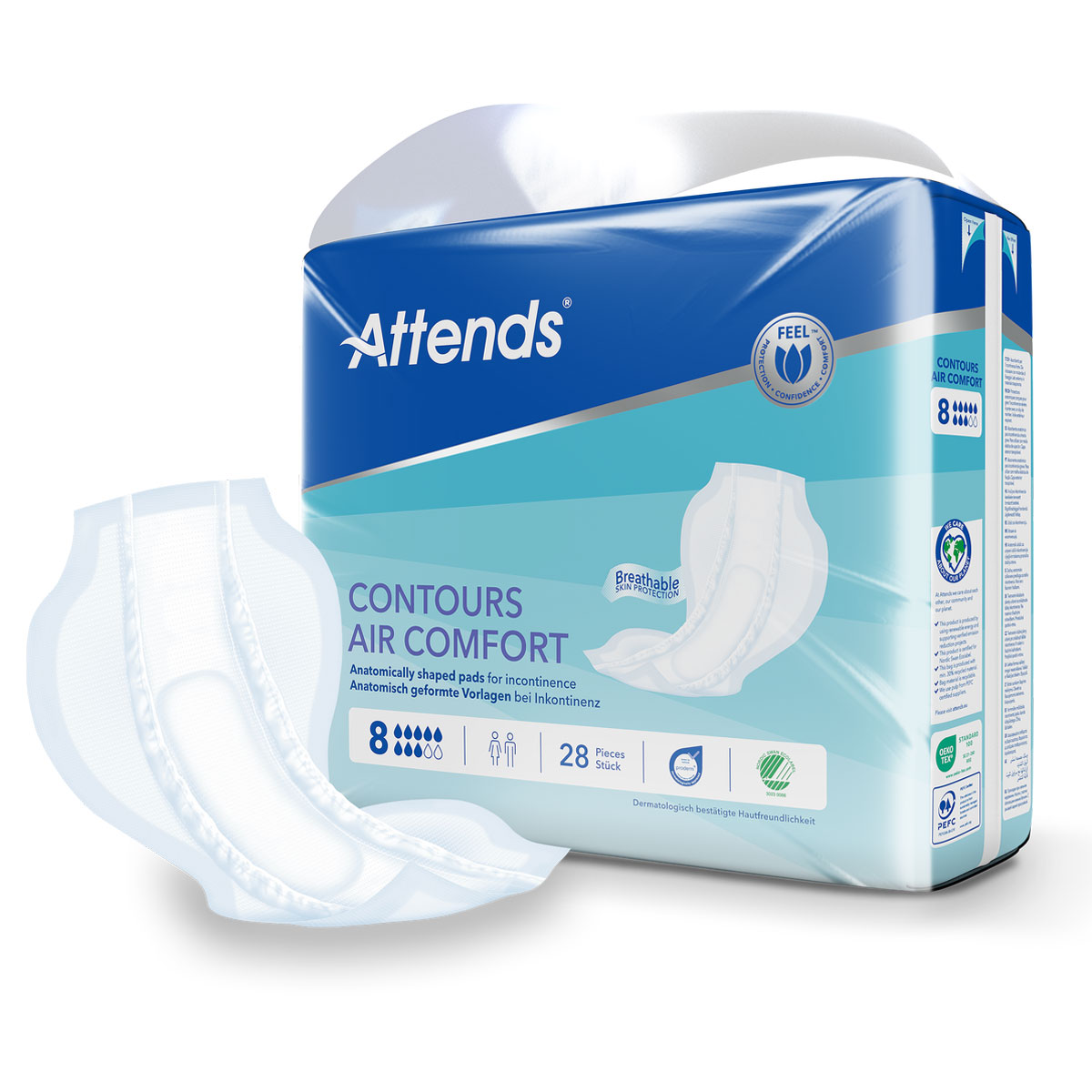 Anatomisch geformte Inkontinenzvorlagen liegen teilweise geöffnet vor einer Verpackung. Die Verpackung ist in Blau und Weiß gehalten, trägt den Namen -Attends Contours Air Comfort- und zeigt hinweisende Symbole. Es sind 28 Stück enthalten.