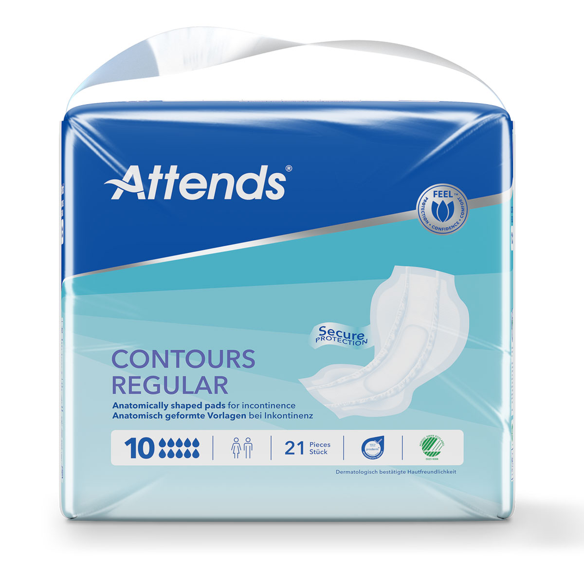 Attends Contours Regular, anatomisch geformte Vorlagen für Inkontinenz, in einer transparenten Verpackung. Enthält 21 Stück, mit Hautfreundlichkeitssiegel und einem Schutzsymbol. Eignung: 10 Tropfen für leichte bis mittlere Inkontinenz.