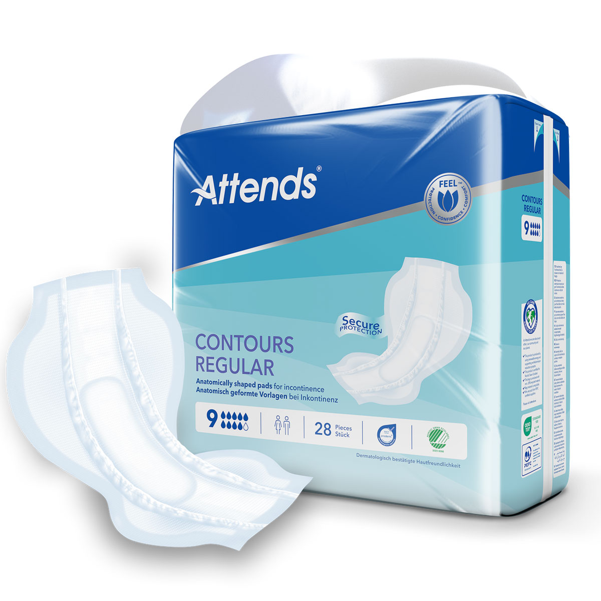 Ein anatomisch geformtes Inkontinenzprodukt liegt neben einer Verpackung. Die Packung zeigt die Marke -Attends-, den Produkttyp -Contours Regular- und enthält 28 Stück. Es sind auch Hinweise zu Sicherheits- und Komfortmerkmalen sichtbar.
