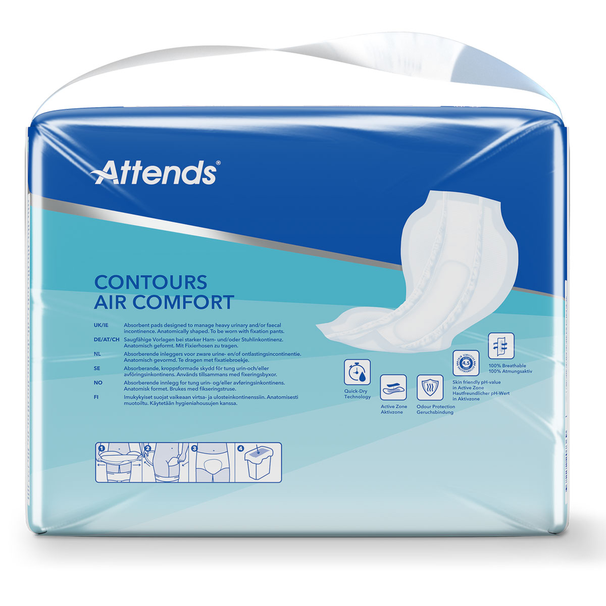 Ein Produktpaket von Attends mit der Bezeichnung -Contours Air Comfort-. Es enthält saugfähige Einlagen zur Handhabung von Inkontinenz. Die Verpackung hat eine blaue Farbgebung und zeigt illustrative Symbole sowie Informationen zu Funktionen.