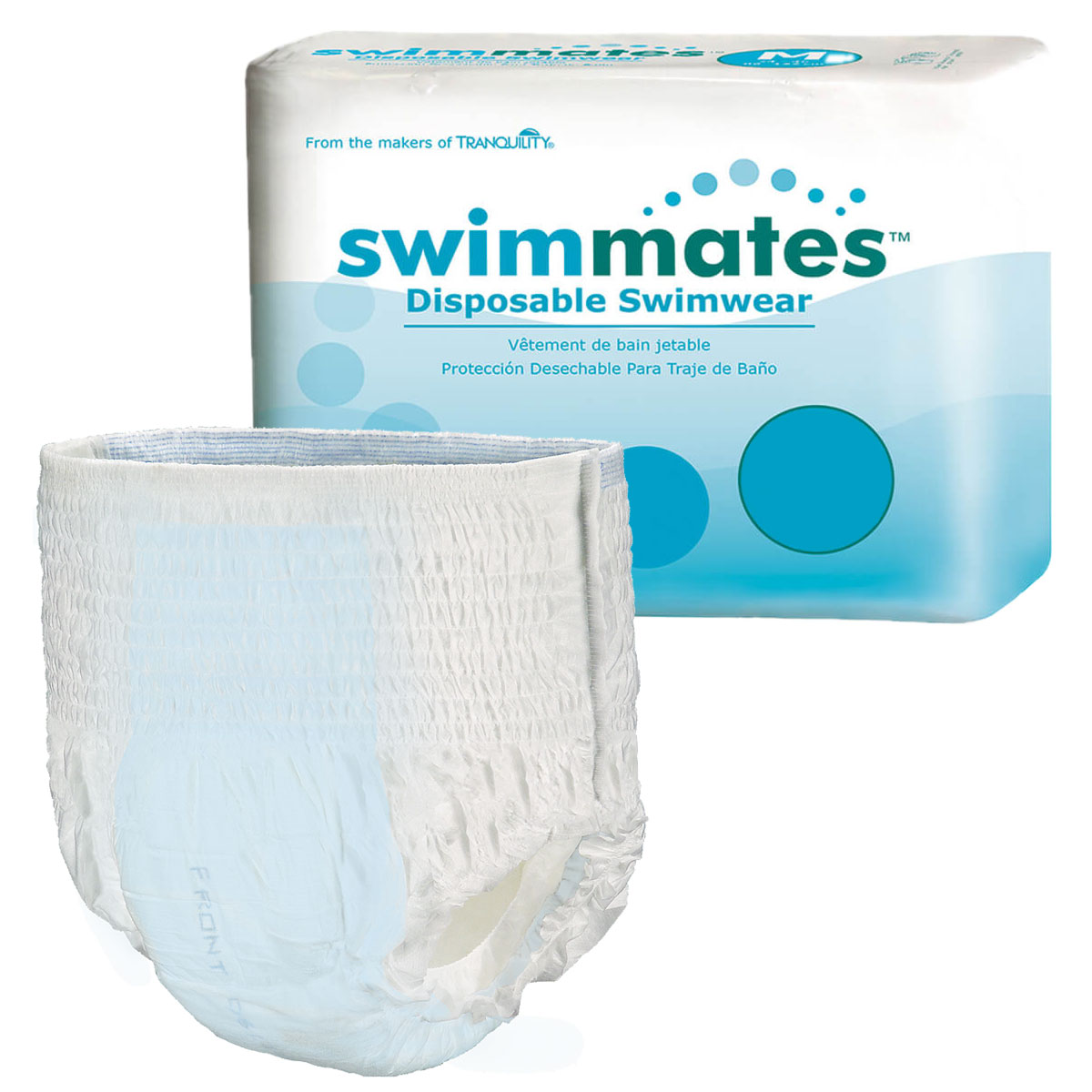 Ein Paket mit Einweg-Badebekleidung in blauem und weißem Design ist im Hintergrund zu sehen. Im Vordergrund befindet sich eine einzelne, weiße Schwimmwindel, die weich und elastisch wirkt.