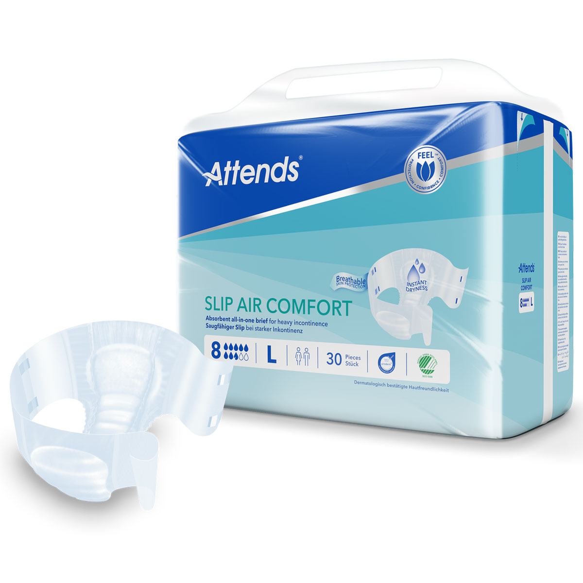 Absorbierender Slip für starke Inkontinenz präsentiert sich in einem blauen Pack mit dem Schriftzug -Attends Slip Air Comfort-. Der Slip selbst ist transparent und hat weich gepolsterte Zonen. Auf dem Paket sind Angaben zur Größe L und Stückzahl 30.