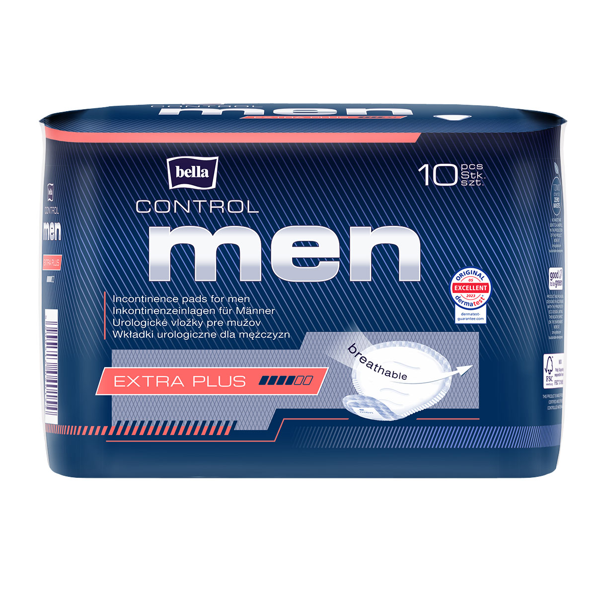 Inkontinenzeinlagen für Männer in einer blauen Verpackung. Die Box enthält 10 Stück und hebt die Features -Extra Plus- und -atmungsaktiv- hervor. Mehrsprachige Produktbeschreibung auf der Verpackung.