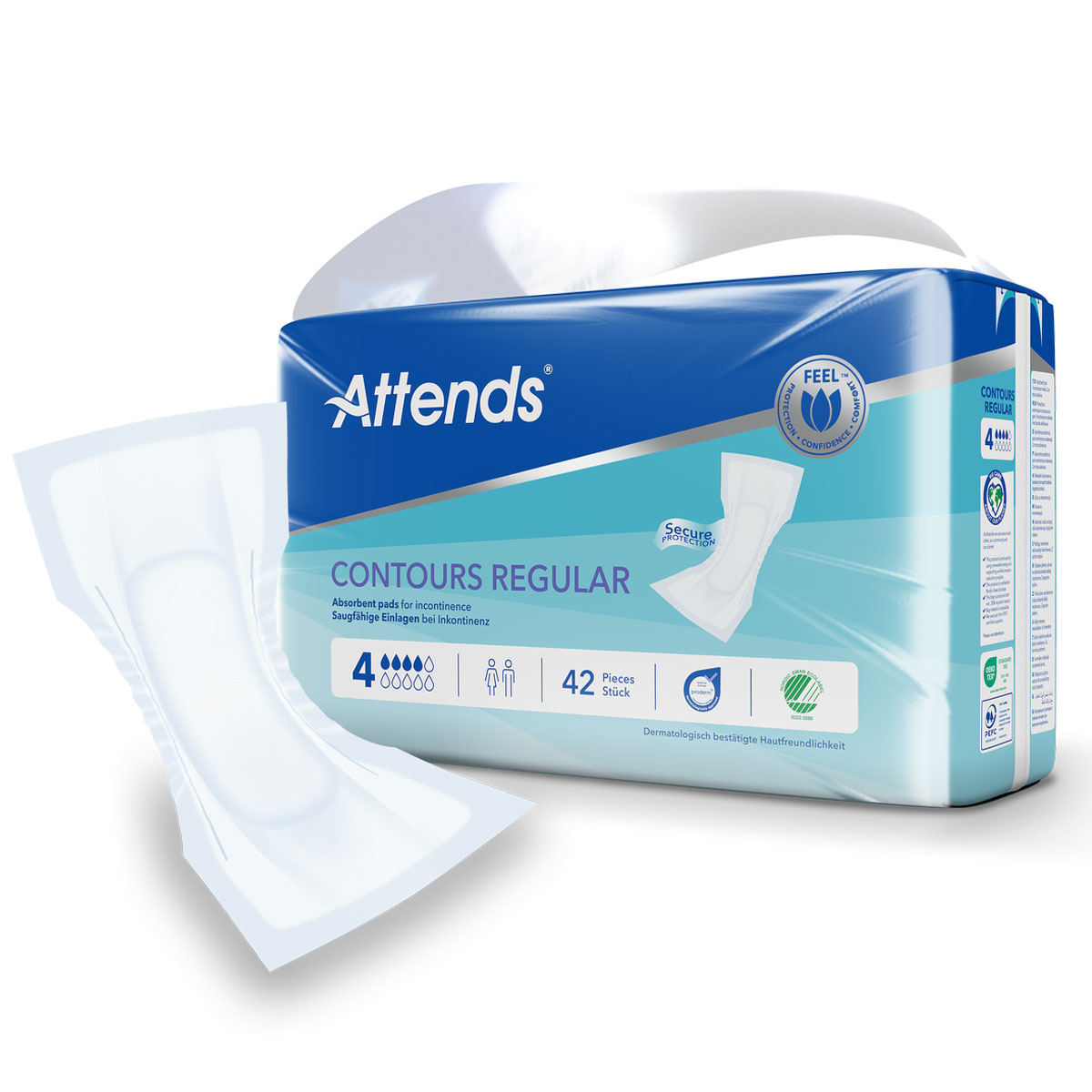 Attends Contours Regular Einlagenpackung mit 42 absorbierenden Einlagen für Inkontinenz. Eine Einlage ist teilweise außerhalb der Verpackung sichtbar, die Verpackung ist blau mit weißen und grünen Akzenten.