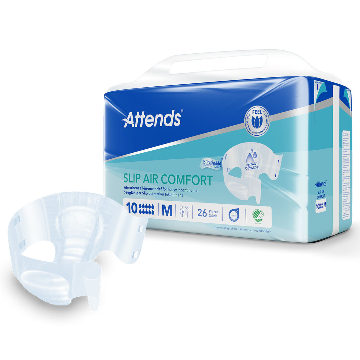 Attends Slip Air Comfort, eine saugfähige Einheitsunterwäsche für starke Inkontinenz, ist auf einem blauen und weißen Verpackungsdesign abgebildet. Der Karton zeigt eine Stückzahl von 26 und Größe M.