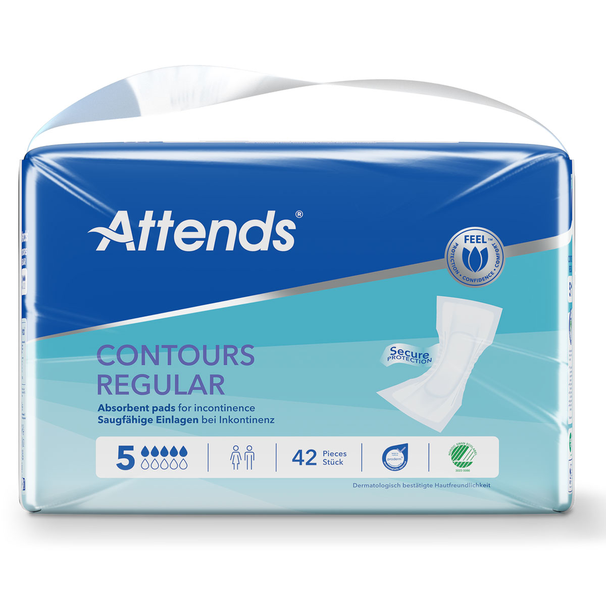 Attends Contours Regular, saugfähige Einlagen bei Inkontinenz, verpackt in einer blauen Folie. Auf der Vorderseite sind Produktinformationen und eine Skizze der Einlage abgebildet. Verpackung zeigt 42 Stück und Symbole für Hautfreundlichkeit.