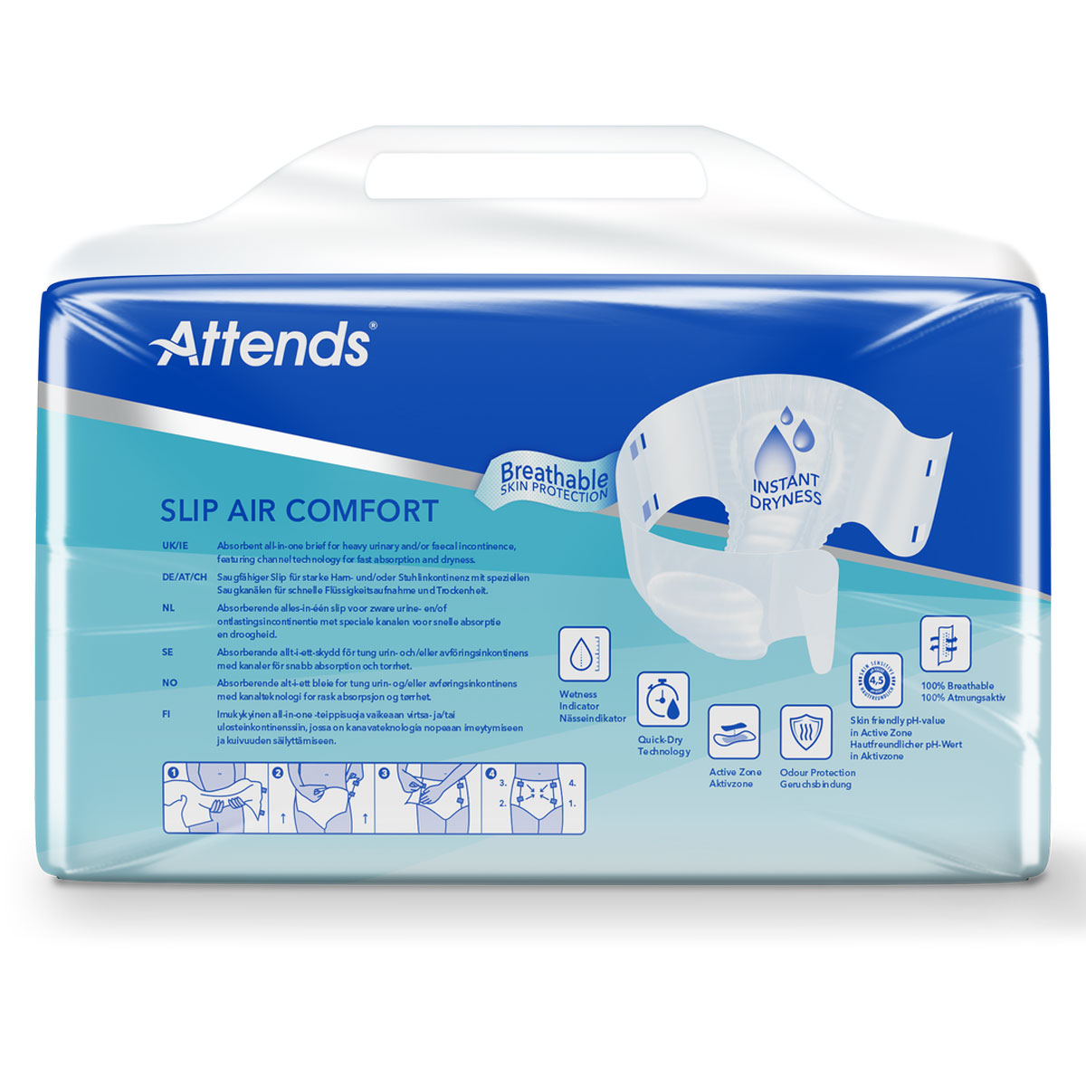 Attends Slip Air Comfort-Packung mit einem abgebildeten Einmalbrief für die Unisex-Nutzung. Wichtige Merkmale wie atmungsaktive Hautschutztechnologie und sofortige Trockenheit sind hervorgehoben. Mehrere Sprachen sind abgedruckt.