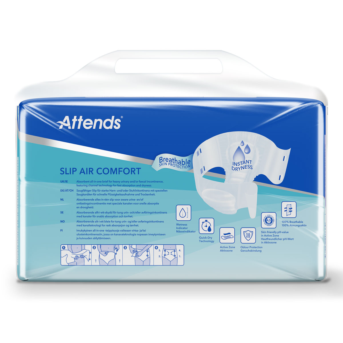 Attends Slip Air Comfort ist ein Sauglager für Inkontinenz mit Atmungsaktivität und sofortiger Trockenheit. Die Verpackung zeigt verschiedene Sprachen und eine Anleitung zur Anwendung.