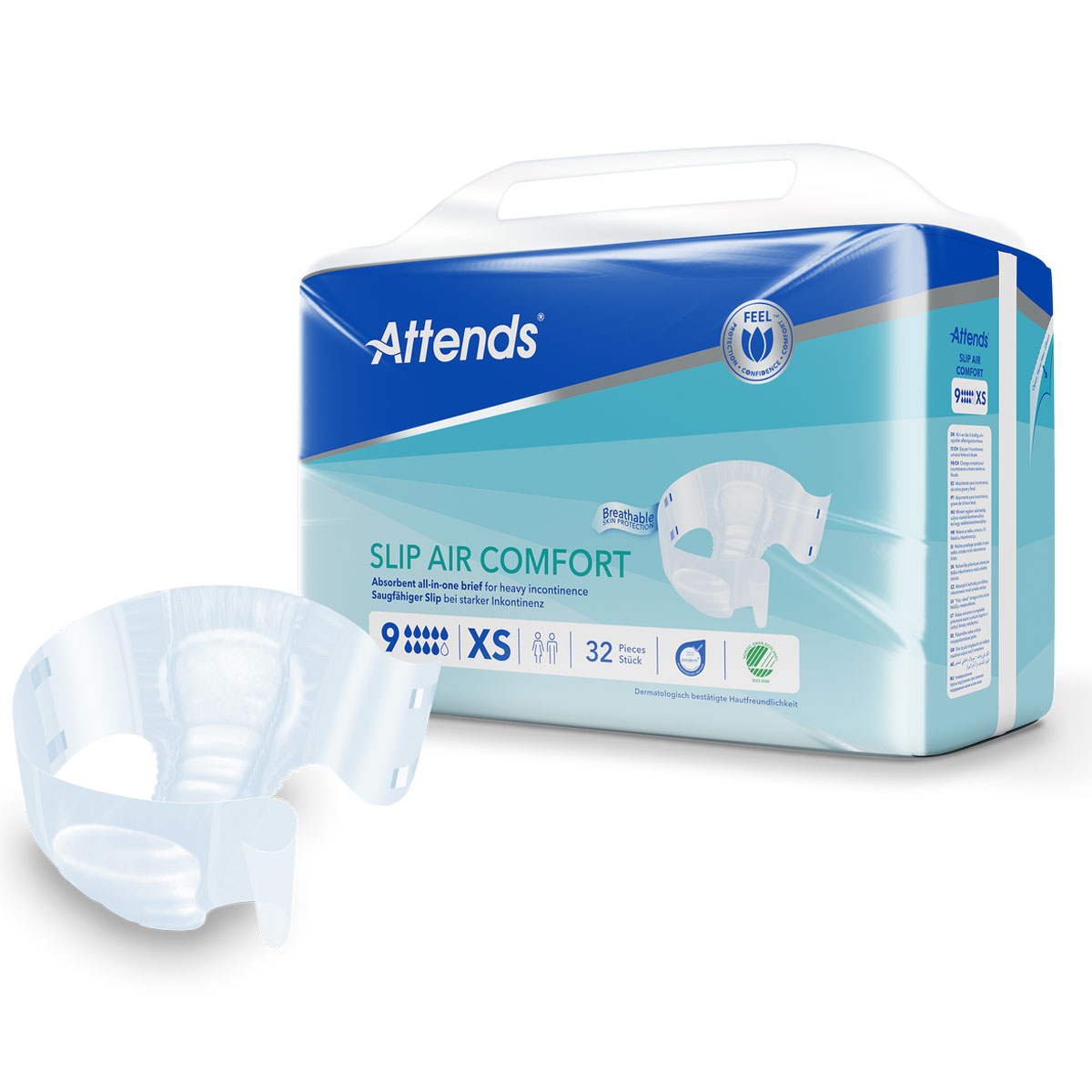 Ein Packungsdesign von Attends Slip Air Comfort. Die Verpackung zeigt die Vorderseite mit einem abgebildeten Slip, der transparent und atmungsaktiv ist. In der Packung sind 32 Stück der Größe XS enthalten.