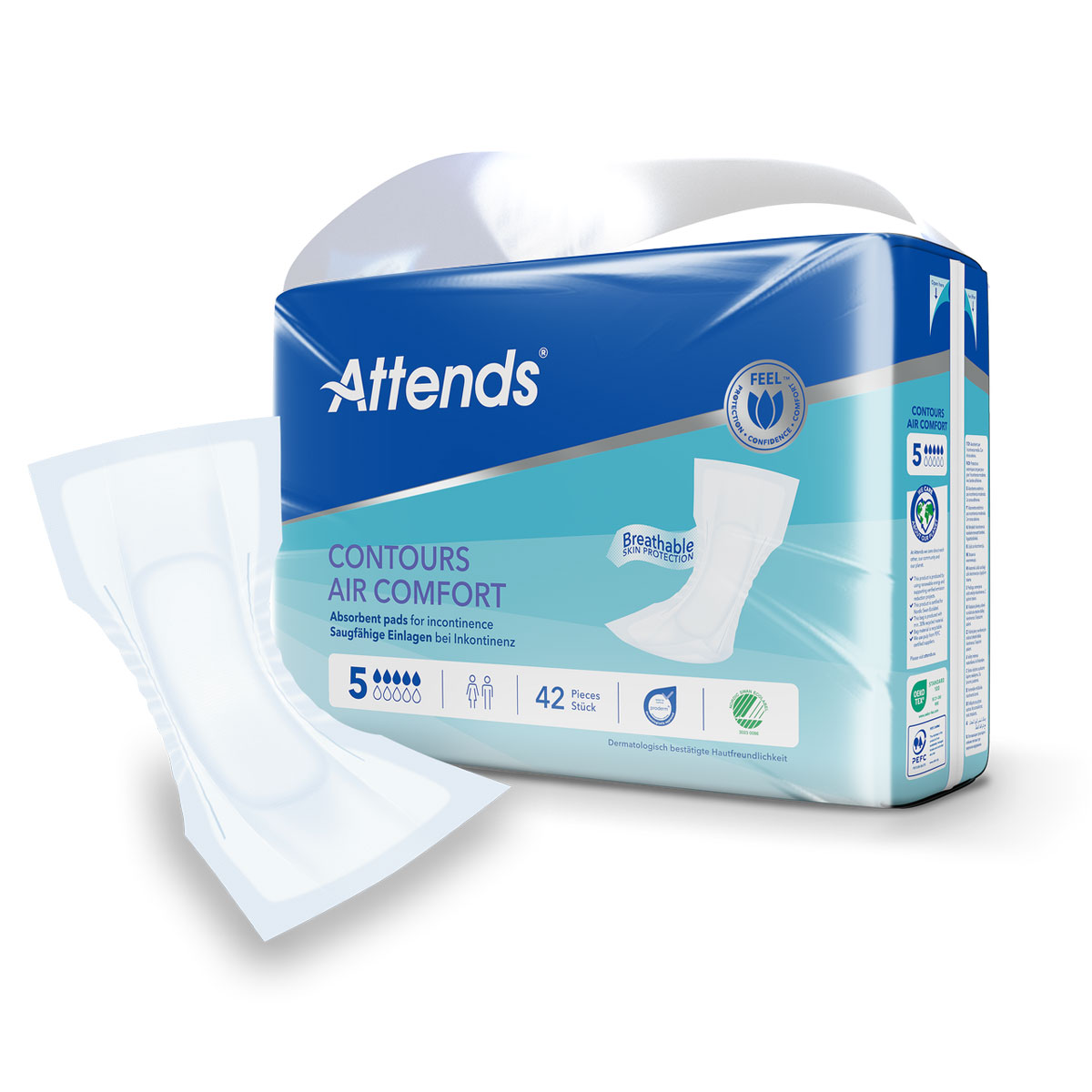 Attends Air Comfort Contours ist eine Packung mit 42 saugfähigen Einlagen für Inkontinenz. Die abgebildete Einlage hat eine atemaktive Oberfläche und ist dermatologisch getestet.