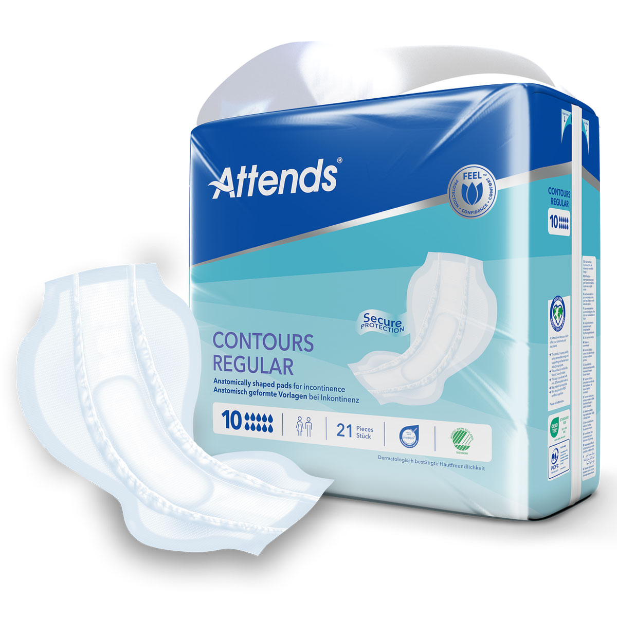 Anatomisch geformte Inkontinenzvorlagen liegen vor einer Verpackung. Die Verpackung zeigt strahlend blaue und weiße Farben mit dem Text -Attends- und -CONTOURS REGULAR-, sowie Hinweisen zur Hautfreundlichkeit.