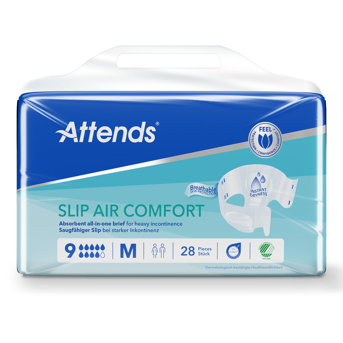 Packung mit Inkontinenzprodukten der Marke Attends. Die Verpackung zeigt den Produktnamen -SLIP AIR COMFORT- sowie Informationen zu Größe und Stückzahl. Sie ist blau und enthält Symbole für atmungsaktive Hautschutzeigenschaften.