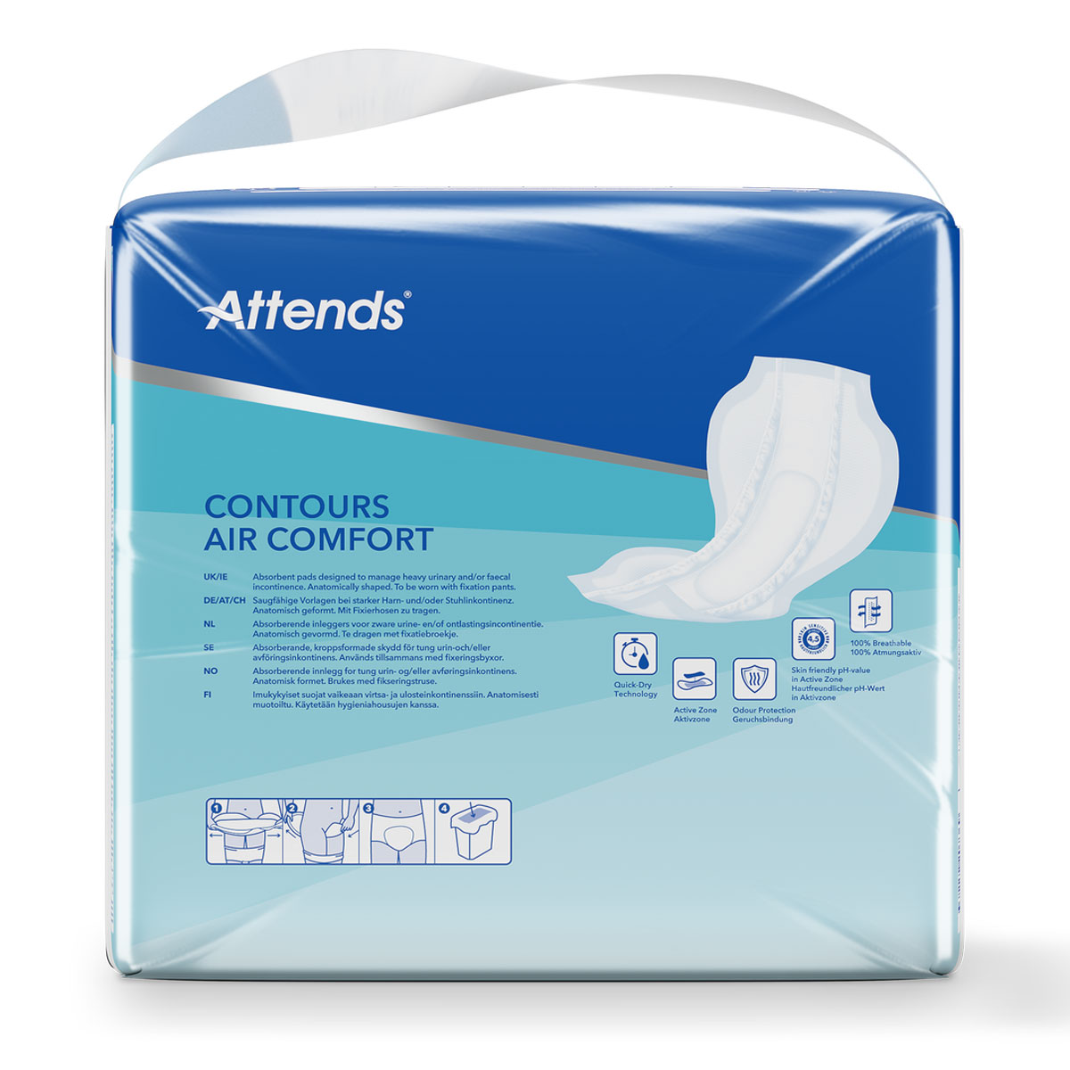 Ein Paket mit Attends Contours Air Comfort, das absorbierende Einlagen für Inkontinenz enthält. Es zeigt eine blaue Verpackung mit verschiedenen Symbolen, die Produkteigenschaften darstellen, wie atmungsaktive Materialien und schnelle Trocknungstechnologi