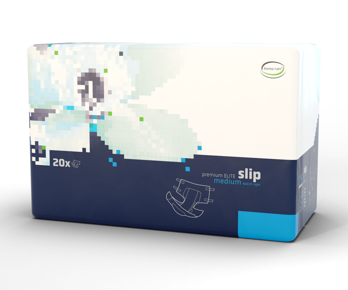 Eine Verpackung für Hygieneprodukte steht im Vordergrund. Sie zeigt ein modernes Design mit einer Blütenillustration und enthält 20 Stück. Die Beschriftung hebt -premium ELITE slip medium NACHT night- hervor.