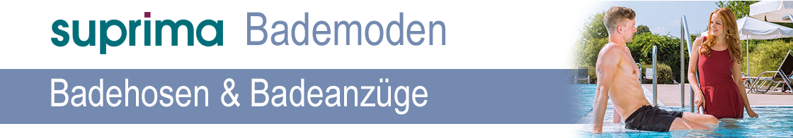suprima Bademoden  
Badehosen &amp; Badeanzüge  

Ein Mann sitzt am Poolrand in Badebekleidung, während eine Frau in einem roten Kleid neben ihm steht. Die Szenerie zeigt einen sonnigen, outdoor Poolbereich.