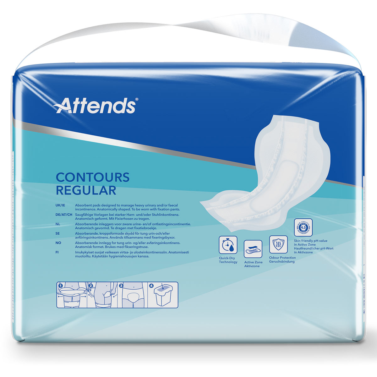 Absorbierende Einlagen, gestaltet für schwere Harn- und/oder Stuhlinkontinenz. Verpackung in blauer Längsrichtung mit Informationen zu Anwendung, Vorteilen und Technologien. Produkteigenschaften sind visuell hervorgehoben.