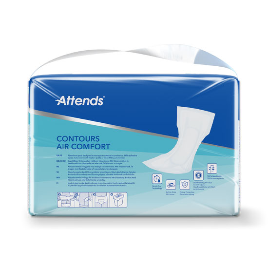 Attends® Contours Air Comfort wird in einer blauen Verpackung gezeigt. Die Packung enthält Informationen zur Verwendung und zeigt eine grafische Darstellung des Produkts. Sie ist für Inkontinenzprodukte gedacht.