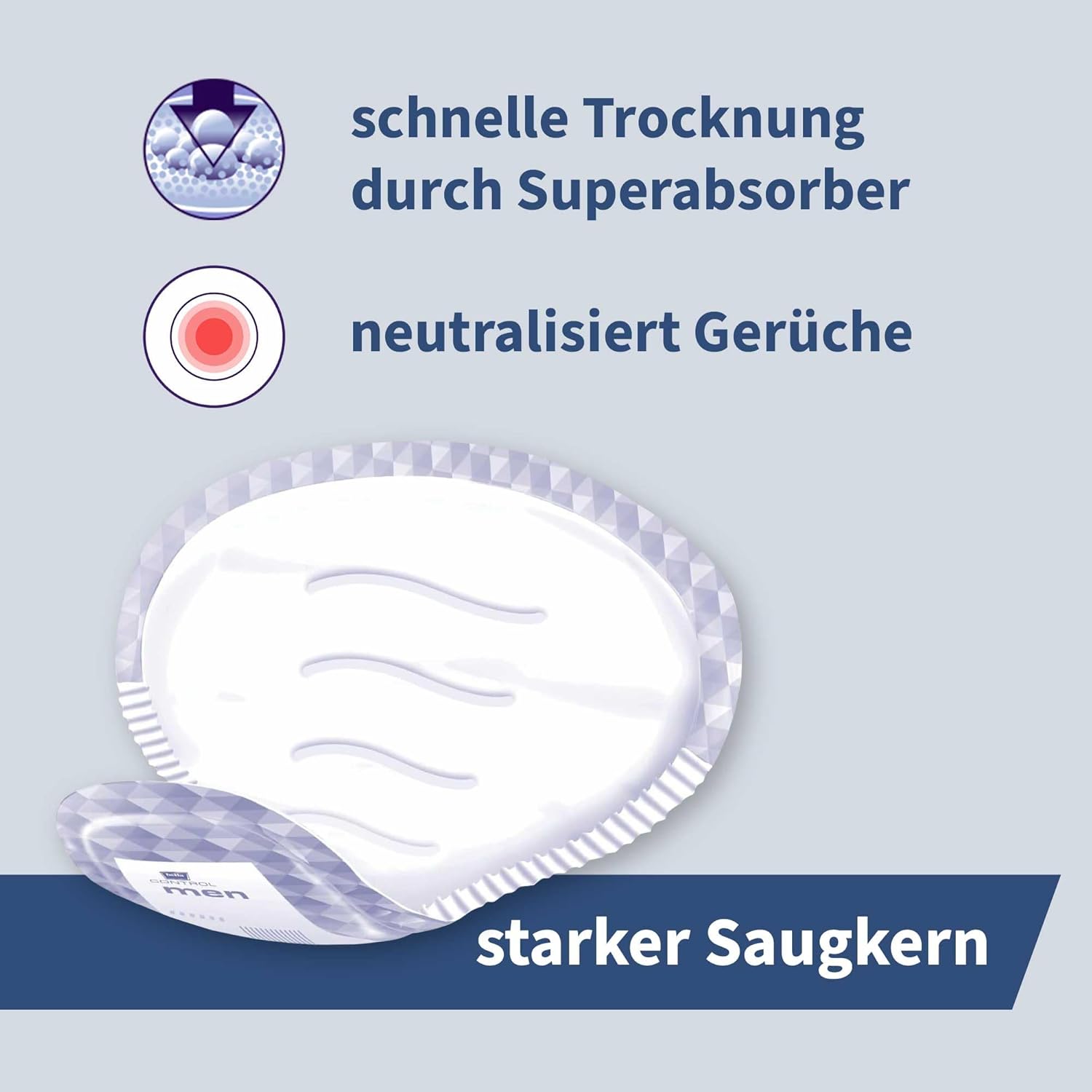 Ein Inkontinenzprodukt mit gewellter Oberflächenstruktur zur schnellen Absorption und Geruchsneutralisation. Es ist leicht schräg platziert, um die spezielle Form und die robuste Saugfähigkeit zu betonen.